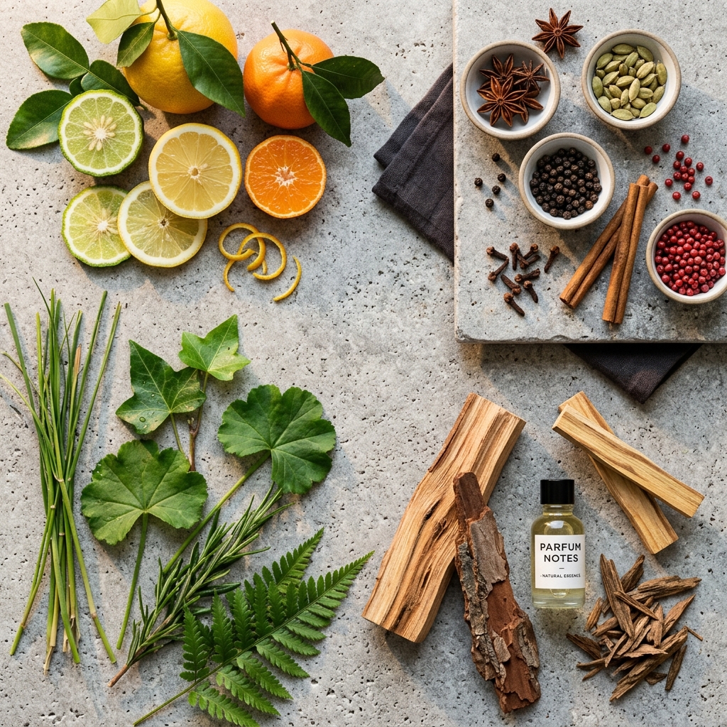 Perfume Ingredients Guide - Flat lay of citrus, leaves, spices, sandalwood, and amber